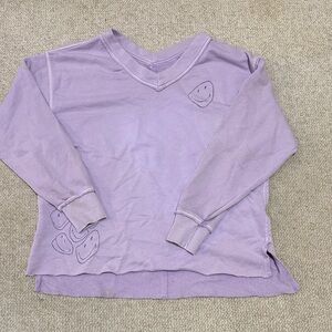 Aerie Purple V-Neck Sweatshirt with Smiley Faces